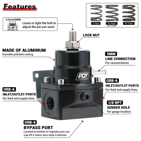 Adjustable Fuel Pressure Regulator Kit 3 to 70 PSI For EFI Systems With 6AN Return and 6AN Feed Ports AN6-6AN Connectors