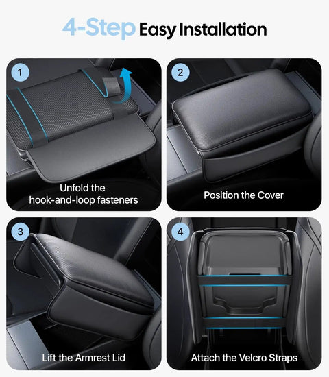 4-step installation of Tesla Center Console Lid Cover for Model Y Juniper 2025-2026 and Model 3 Highland 2024-2026 in black.