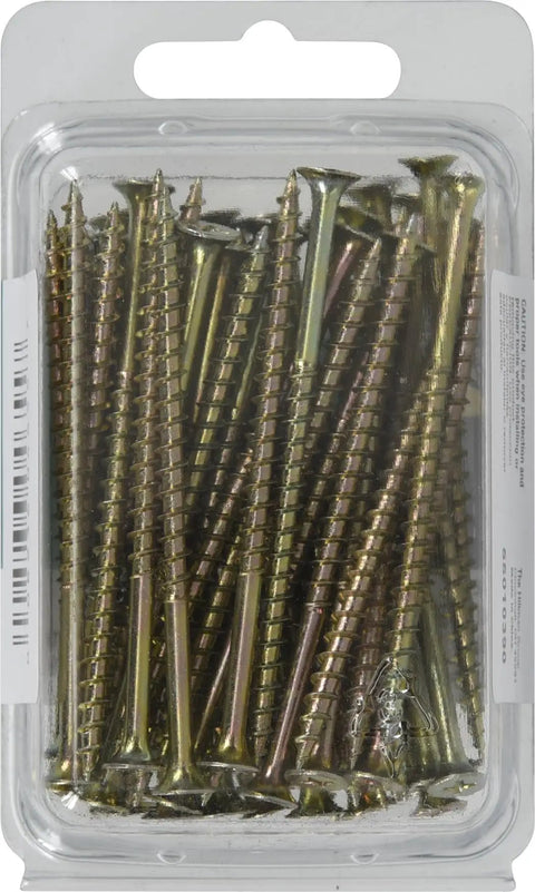 Heavy Duty Construction Wood Screws Bugle Head Phillips Drive 8 Gauge X 3 Inch 50 Pack in clear packaging view.