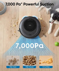 Omni C20 Robot Vacuum And Mop Combo With 7000 Pa Suction cleaning pet hair, food, crumbs on wood floor, dog watching