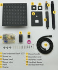 Components of Dope 16 Inch Matte Black Shower System With Rainfall Head And Handheld Ceiling Mounted Bathroom Kit laid out.
