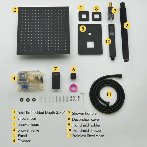 Components of Dope 16 Inch Matte Black Shower System With Rainfall Head And Handheld Ceiling Mounted Bathroom Kit laid out.