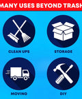 Illustration showing 55 Gallon Heavy Duty Trash Bags With Ties Pack Of 50 For Indoor And Outdoor Use benefits like clean ups, storage, moving, DIY.