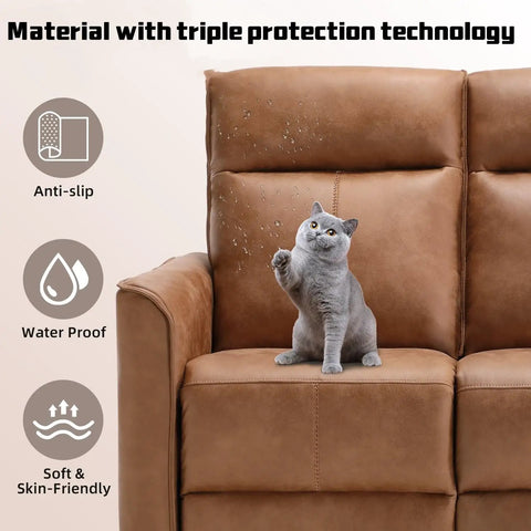 Manual Loveseat Recliner Sofa With Wall Hugger Design Two Seat Reclining Love Seat In Leathaire Brown with cat seated.