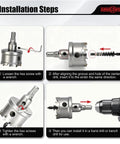 Installation steps for Carbide Hole Saw Kit 19 Piece Set With M35 Cobalt And TiAlN Coated Drill Bits Built Tough 9/16 Inch To 2-1/8 Inch 14-54 mm