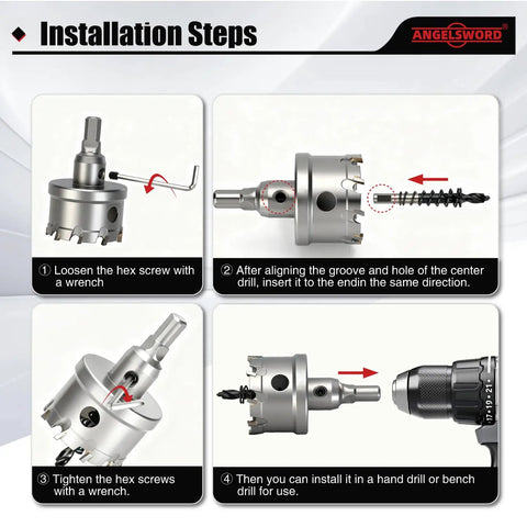 Installation steps for Carbide Hole Saw Kit 19 Piece Set With M35 Cobalt And TiAlN Coated Drill Bits Built Tough 9/16 Inch To 2-1/8 Inch 14-54 mm