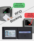 Genuine Leather Bifold Wallet with RFID blocking, showing green and red RFID scanner lights, indicating protection.