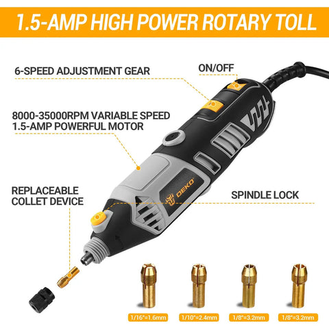 Beast Mode 1.5 Amp Rotary Tool Kit With 42 Inch Flex Shaft, six-speed 8000-35000 RPM tool with replaceable collet device
