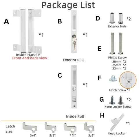 Sliding Glass Door Handle Set With Lock In White Aluminum Finish, Fits Six And Five Eighths Inch Hole Spacing, package list