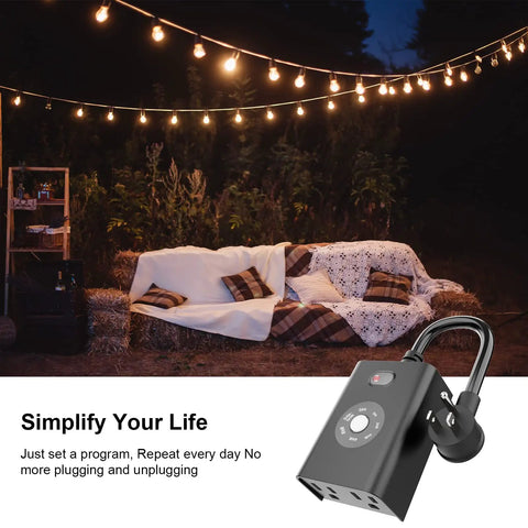 Outdoor Timer With Auto Light Sensor Dusk To Dawn, Waterproof Plug-In Socket With Two Grounded Outlets For Holiday Decor, on a cozy patio with string lights.