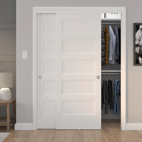 Richelieu Hardware 14660BC 60 Inch Bypass Door Hardware Kit With Zinc And Brass Finish installed in closet