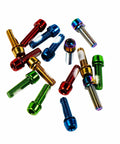 Assorted color bolts not matching Six Pack Mountain Bike Stem Bolts M5 X 18mm Hex Socket Steel Screws For MTB DH BMX Road Bikes Beefy High Strength Alloy Steel Lightweight And Corrosion Resistant Easy Install Orange Finish.