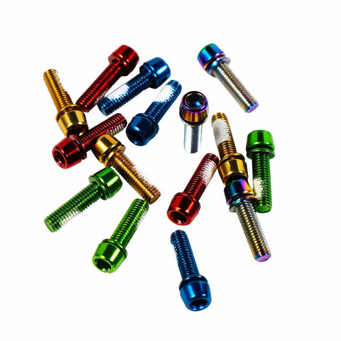 Assorted color bolts not matching Six Pack Mountain Bike Stem Bolts M5 X 18mm Hex Socket Steel Screws For MTB DH BMX Road Bikes Beefy High Strength Alloy Steel Lightweight And Corrosion Resistant Easy Install Orange Finish.
