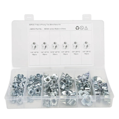 Plastic case with 80Pcs T Nuts Threaded Inserts Pronged Tee Nuts Set Built Tough Galvanized Carbon Steel Rustproof Fasteners