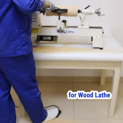 Person operating wood lathe with foot switch pedal for hands-free control