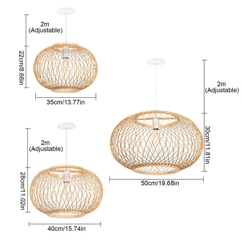 Diagram of Handwoven Bamboo Pendant Light For Kitchen Island And Dining Nook sizes with wicker chandelier details