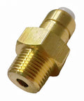 Close-up of brass 3/8 in NPT thermal relief valve for pressure washer pump, showing threaded end and hex body.