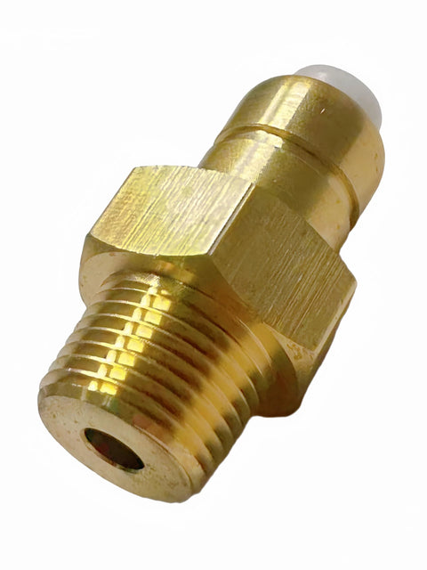 Close-up of brass 3/8 in NPT thermal relief valve for pressure washer pump, showing threaded end and hex body.
