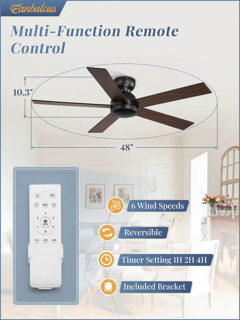 48 Inch Flush Mount Ceiling Fan No Light Black With Remote 6 Speed Quiet Reversible DC Motor Ideal For Indoor Outdoor Use On Patio Living Room Or Bedroom