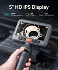 Dual Lens Articulating Borescope Endoscope With Light 5 Foot Reach 1080P HD Camera With Split Screen View And IPS Display, held in hand for engine inspection