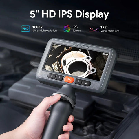 Dual Lens Articulating Borescope Endoscope With Light 5 Foot Reach 1080P HD Camera With Split Screen View And IPS Display, held in hand for engine inspection