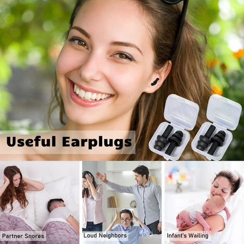 Premium Silicone Earplugs Bulk Pack of 150 Pairs, soft earplugs in use by a smiling woman for noise reduction and sleep.