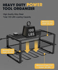 Wall Mount Power Tool Organizer With Six AC Outlets And Charging Station Three Tier Drill Rack For Garage Heavy Duty Tool Storage For Drills And Accessories, showcasing maximum 100 lbs load capacity on steel frame.
