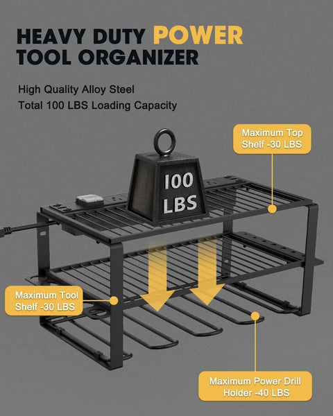 Wall Mount Power Tool Organizer With Six AC Outlets And Charging Station Three Tier Drill Rack For Garage Heavy Duty Tool Storage For Drills And Accessories, showcasing maximum 100 lbs load capacity on steel frame.