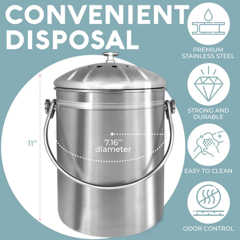 Countertop Compost Bin For Kitchen One Point Three Gallon Odor Free Indoor Bin With Carbon Filters And Lid Stainless Steel