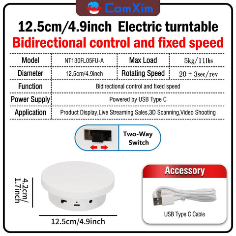 Motorized Rotating Display Stand 5.1 Inch 360 Photography Turntable For Tumbler Jewelry Epoxy Glitter Cup Electric Spinning Platform White Showpiece with USB power and two-way switch.