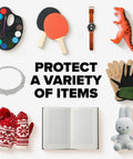 Various items including a watch, toys, gloves, and books illustrating the capacity of Large White Poly Bubble Mailer Size 5 10.5 X 15 In Inside Dimensions With Cushioned Bubble Liner, Durable And Flexible Exterior, 50 Percent Recycled Plastic, Ideal For Shipping Documents And Small Goods.