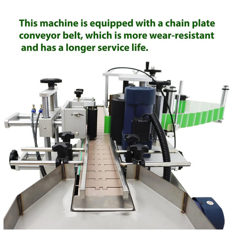 Fully Automatic Round Bottle Labeling Machine with Smooth Operator Touch Interface and Reliable Auto Correction delivers no sweat plug and play production at 20 to 30 pieces per minute for pro shops, featuring durable chain plate conveyor belt.