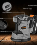 20V Max Cordless Random Orbital Sander 5 Inch Variable Speed Hand Sander With 2Ah Battery Charger Dust Collector Bag And 30 Pcs Sanding Discs Go To Finishing Furniture Cabinets And Trim Projects displaying features like battery lock and speed control knob