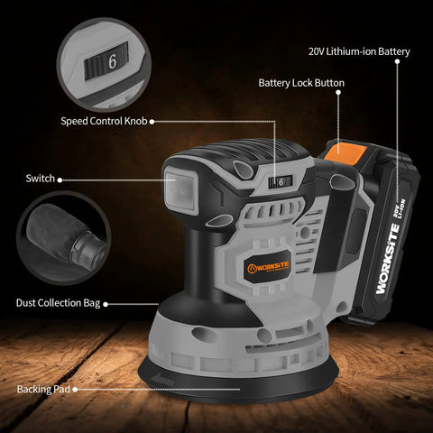 20V Max Cordless Random Orbital Sander 5 Inch Variable Speed Hand Sander With 2Ah Battery Charger Dust Collector Bag And 30 Pcs Sanding Discs Go To Finishing Furniture Cabinets And Trim Projects displaying features like battery lock and speed control knob