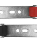 Heavy Duty Sliding Barn Door Rollers Built Tough For Large Widths Cold Rolled Steel Hardware visible with a red and black wheel.