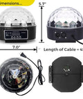 LED Disco Ball Party Light with DMX Control and Sound Activated RGB LEDs for DJs and Clubs, 5-inch size, cable, dimensions shown