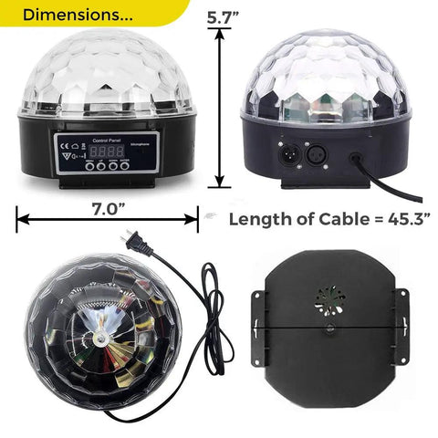 LED Disco Ball Party Light with DMX Control and Sound Activated RGB LEDs for DJs and Clubs, 5-inch size, cable, dimensions shown