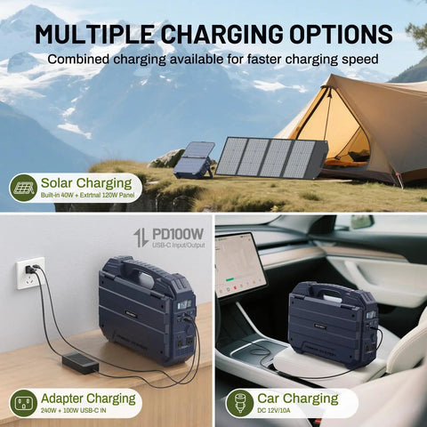 Multiple charging options for 1600W Portable Power Station With 1024Wh LiFePO4 Battery And Built In Solar Panel, camping use.