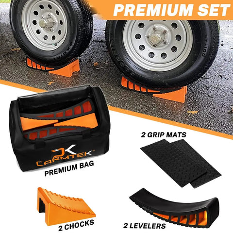 Premium Camper Leveler Kit With Curved RV Levelers, Wheel Chocks, Rubber Mats, and Carry Bag for Stability