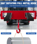 Heavy Duty Forklift Lifting Hook With 4400 Lbs Capacity, Swivel 360 Degree Rotation, Security Latch, Dual Large T Screws, Red Mobile Crane Style Hoist Hook, Easy Slide On Pallet Forks, Ideal For Warehouse Hoisting And Load Handling. Red 360° swivel forklift hook lifting a metal drum.
