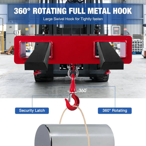 Heavy Duty Forklift Lifting Hook With 4400 Lbs Capacity, Swivel 360 Degree Rotation, Security Latch, Dual Large T Screws, Red Mobile Crane Style Hoist Hook, Easy Slide On Pallet Forks, Ideal For Warehouse Hoisting And Load Handling. Red 360° swivel forklift hook lifting a metal drum.