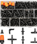 250 Piece Quarter Inch Drip Irrigation Fittings Kit With Barbed Connectors Nozzles Tees Elbows Crosses And Plugs Display