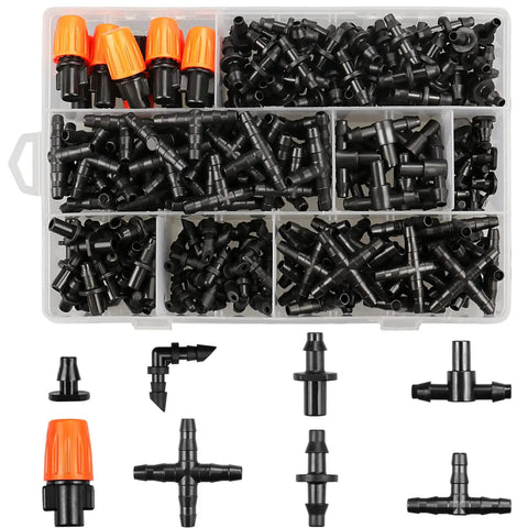 250 Piece Quarter Inch Drip Irrigation Fittings Kit With Barbed Connectors Nozzles Tees Elbows Crosses And Plugs Display