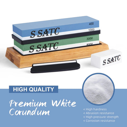 Knife Sharpening Stone Kit With 4-Side 400 1000 And 3000 8000 Grits on wood base with rubber base and flattening stone