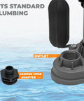 Beast Mode Half Horsepower Submersible Sump Pump with 3800 GPH flow showing outlet and garden hose adapter for plumbing.