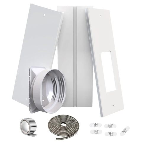 Portable AC Window Vent Kit With Adjustable 26 To 47 Inch Fit Universal Five Point One Inch And Five Point Nine Inch Coupler Weather Stripping Seals No Hassle Install For Most Portable Air Conditioners And Windows, white panels, coupler, and seals