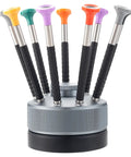 Pro Grade All In One Watch Repair Screwdriver Set With 9 Precision Slotted And Phillips Bits, organized in a rotatable base
