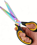 9.5 Inch Heavy Duty Titanium Coated Forged Stainless Steel Scissors For Fabric Leather Dressmaking Tailoring Home Office School Ultra Sharp All Purpose Shears That Slice Through 16 Plus Layer Fabrics Like Butter, rainbow blades in hand