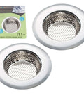 Two Pack Stainless Steel Kitchen Sink Strainer Set With Large Wide Rim Four Point Five Inch Diameter Micro Perforated Two Millimeter Holes For Anti Clog Protection And Smooth Water Flow In Everyday Use