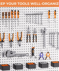 INCLY 120pcs pegboard accessories organizer kit with orange-handled hooks, pliers, and bins on pegboard (front view)